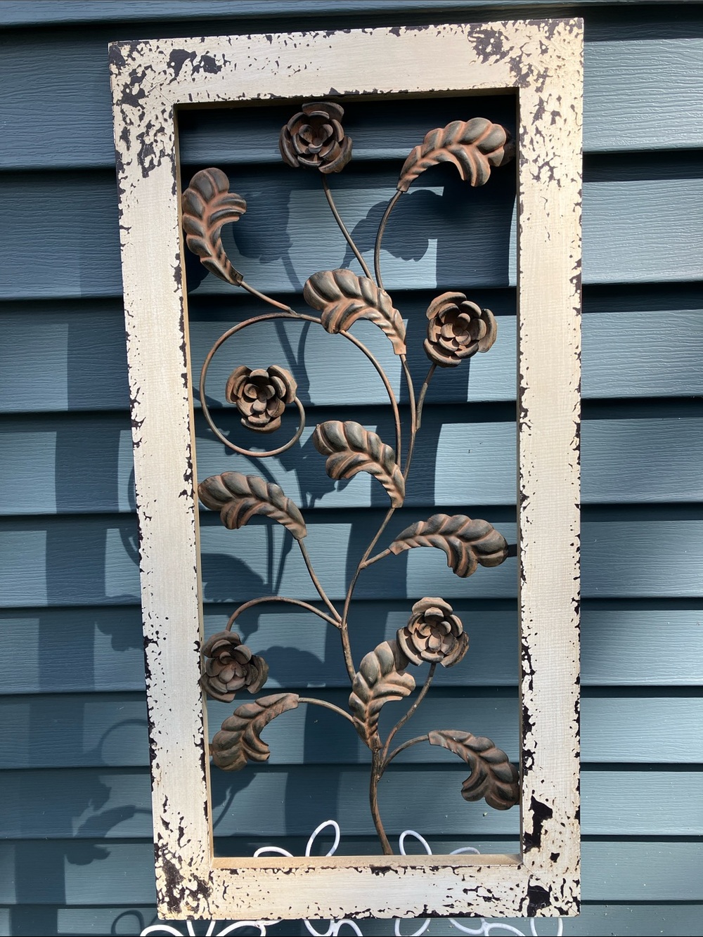 Rustic Metal Floral Wall Art framed in Wood in Brown and Cream